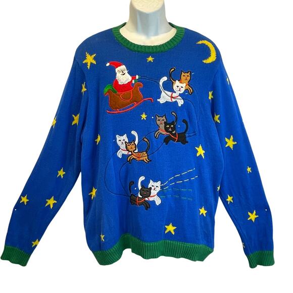 Blizzard Bay Santa and His Reindeer Cats Light Up Ugly Christmas Sweater Size XL - Picture 1 of 5